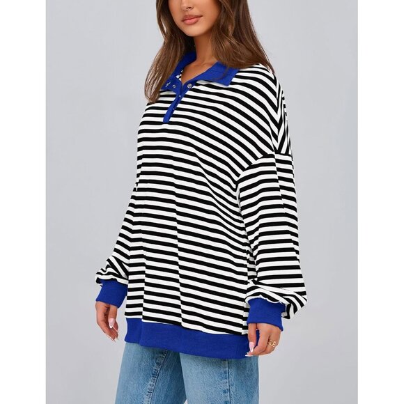 Women's Striped Cotton Oversized Sweatshirt Spring Fall Casual Long Sleeve - Picture 5 of 8
